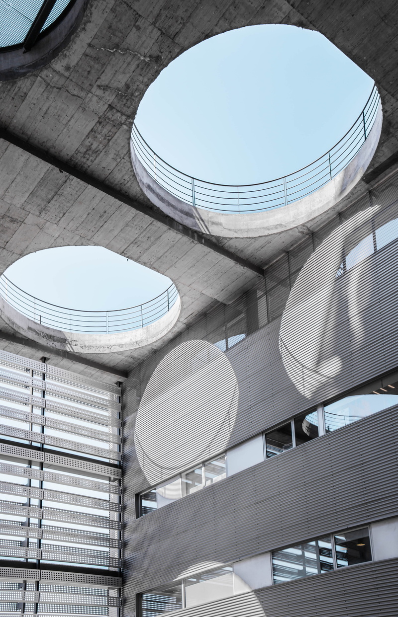hospital, nature, concrete, outdoors, no people, level, holes, railing, pattern, circle, window, hole, blue, sky, architecture, vsco, 4K, shape, modern