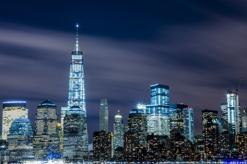 night, financial district, skyscrapers, outdoors, urban skyline, modern, world trade center, new york, built structure, usa, travel destinations, sky, tall - high