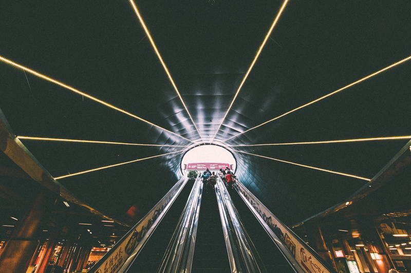 escalator, travel, track, built structure, urban, 5K, ceiling, no people, night, elevator, indoors, light, stairway, public transportation, the way forward