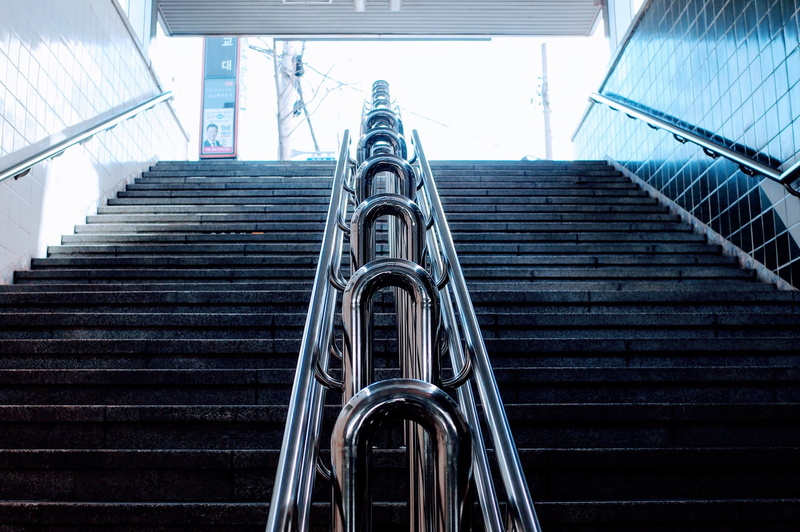 indoors, angle, connection, tiles, architecture, metal, stairs, photo, nature, steps, built structure, establishment, pattern, steps and staircases, no people