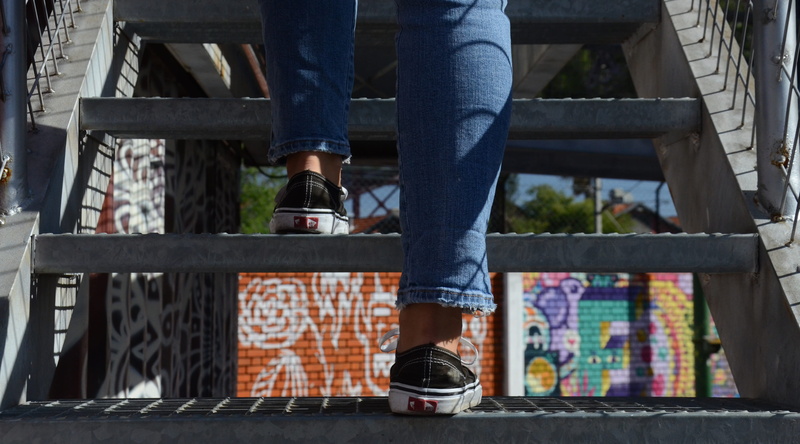 built structure, jeans, casual clothing, floor, standing, move up, human leg, human body part, stairs, feet, day, lifestyles, tennis, vans, 4K, railing