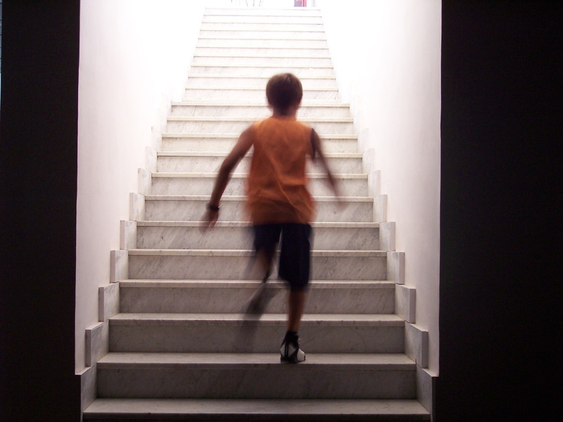 one person, steps and staircases, business, staircase, motion, indoors, casual clothing, 1080P, stairs, stair, ascent, people, rear view, gray, adult