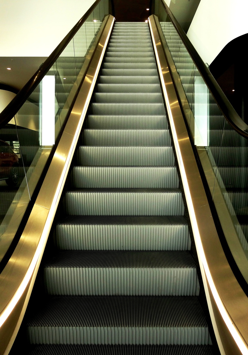 futuristic, gradually, railing, diminishing perspective, floors, pattern, moving Up, connection, convenience, illuminated, transportation, Escalator, low angle view