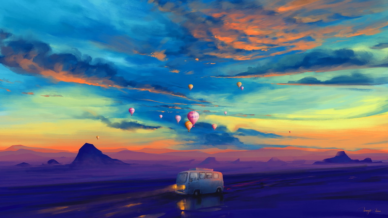 hot air balloons, night, BisBiswas, mountains, transport, illustration, clouds, painting, balloon, 1080P, evening
