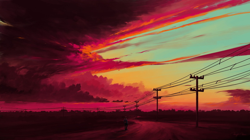 power lines, sunset, sky, clouds, landscape, digital art, BisBiswas, artwork, 1080P