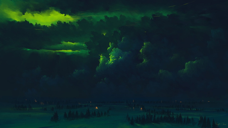 clouds, forest, BisBiswas, digital art, 1080P, green