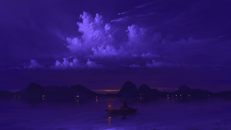 water, BisBiswas, sky, boat, night, lantern, 1080P, digital art