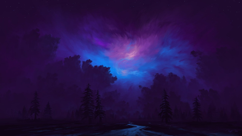 night, stars, river, 1080P, forest, BisBiswas, digital art, clouds