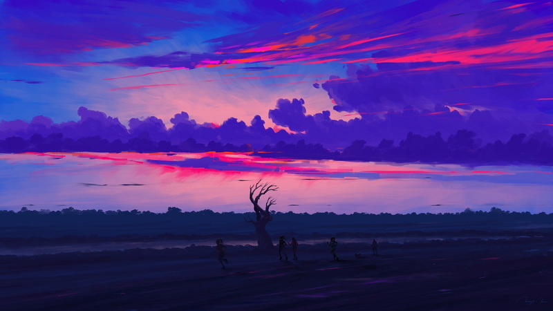 sky, clouds, landscape, digital painting, morning, BisBiswas, 1080P