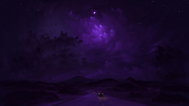 road, digital art, clouds, moonlight, BisBiswas, 1080P, Moon, painting, car, dusk, stars