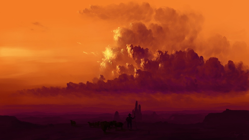 BisBiswas, night sky, orange clouds, digital painting, 1080P