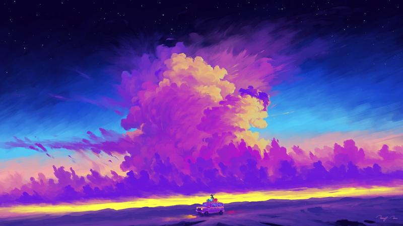 BisBiswas, 1080P, digital painting, sky, clouds, car, landscape