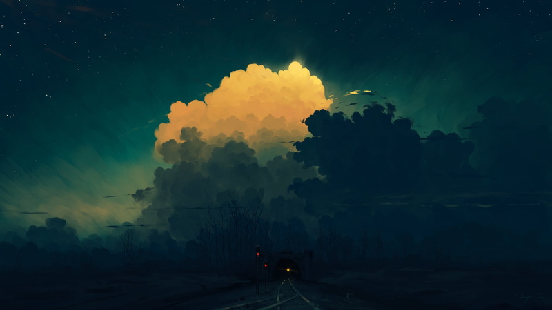 midnight, BisBiswas, clouds, train, 1080P, digital painting, sky, tunnel