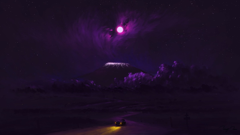 Moon, 1080P, clouds, sky, BisBiswas, night, digital art, car