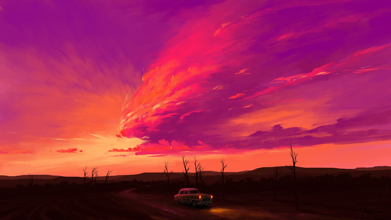 artwork, BisBiswas, digital painting, sky, car, landscape, clouds, 1080P, sunset