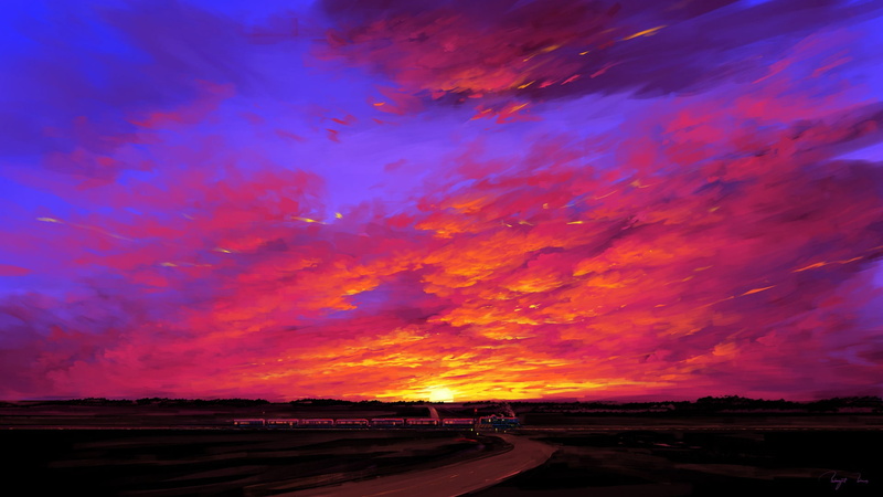 sunset, train, railway, digital art, road, painting, clouds, BisBiswas, 1080P