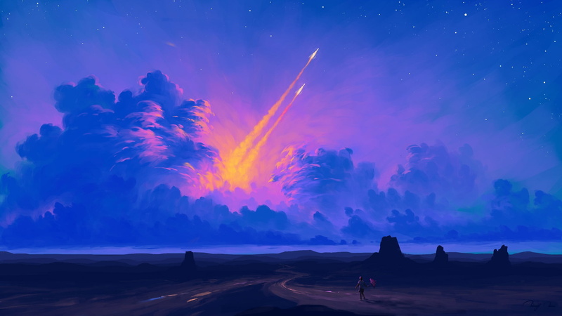 clouds, BisBiswas, landscape, sky, rocket, 1080P, digital painting