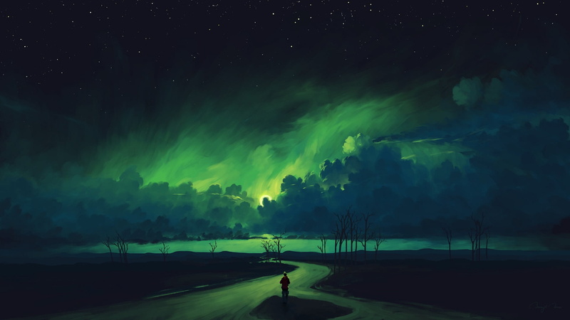 landscape, BisBiswas, sky, aurorae, night, clouds, 1080P, digital painting