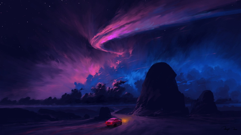 artwork, BisBiswas, landscape, 1080P, car, digital painting, night, clouds, sky