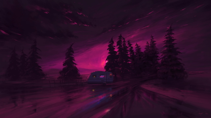 road, forest, BisBiswas, RV, 1080P, digital art, fence, neon