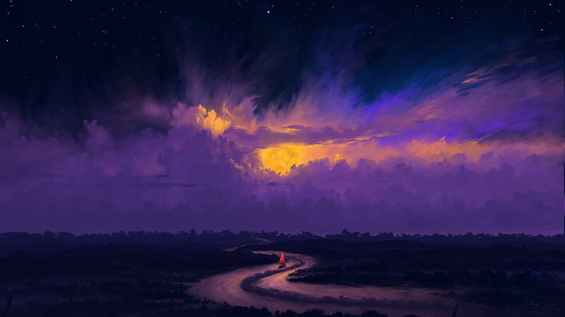 clouds, BisBiswas, river, sky, 1080P, Moon, digital painting, landscape, sailing, night, boat