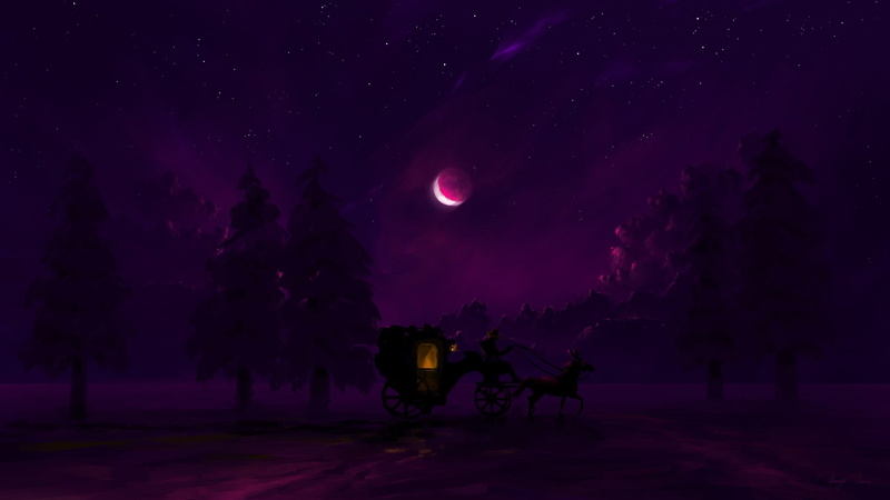 stars, digital art, horse, BisBiswas, forest, Moon, lantern, carriage, 1080P