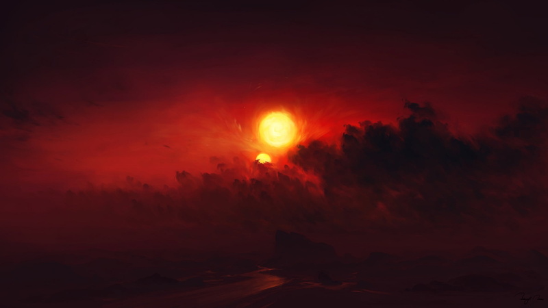 Sun, sunset, BisBiswas, digital art, clouds, 1080P
