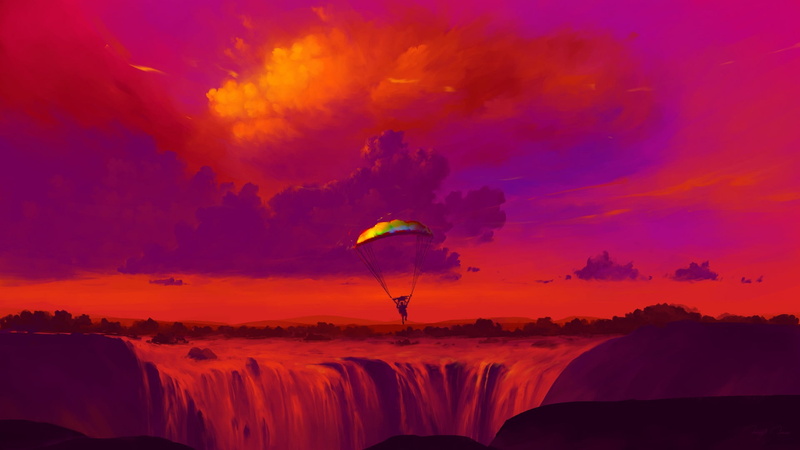 waterfall, clouds, nature, 1080P, digital art, parachutes, BisBiswas