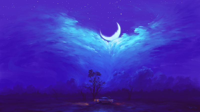 romantic, car, night, digital painting, Moon, 1080P, BisBiswas, clouds, sky, couple