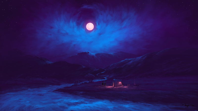night, BisBiswas, 1080P, Moon, digital painting, landscape, camp, couple, mountains, river, romantic, clouds