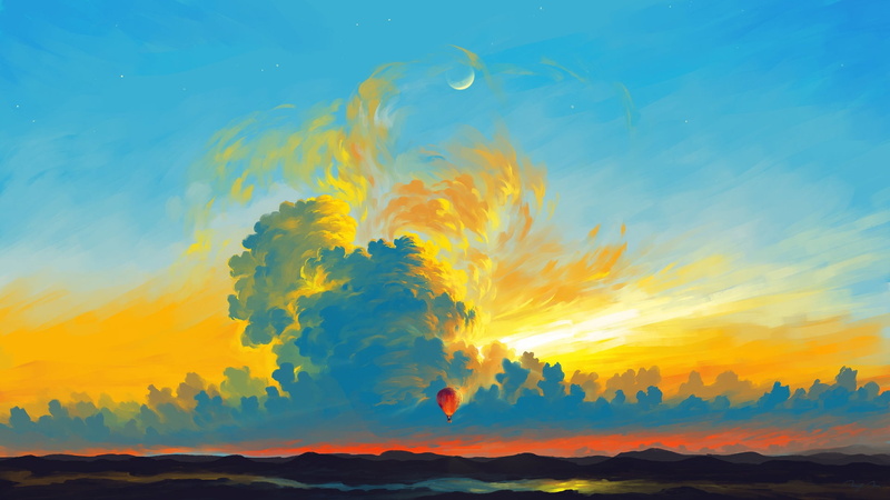 sky, digital art, clouds, illustration, 1080P, BisBiswas, mountains, artwork, Moon, landscape, hot air balloons