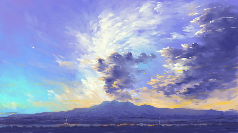 clouds, sunset, landscape, mountains, digital painting, BisBiswas, 1080P
