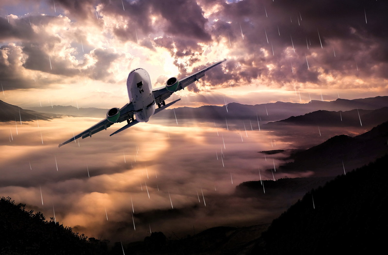 lighting, airplane, landscape, beauty in nature, dusk, 4K, technology, scenics - nature, nature, drone, air vehicle, travel, shiver, motion, sunset, rain