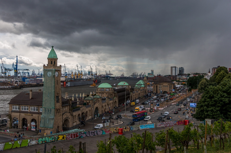 tower, city, place of worship, cloud - sky, shiver, container platform, storm cloud, maritime, rain, ship, water, outdoors, nature, crane, building, clouds