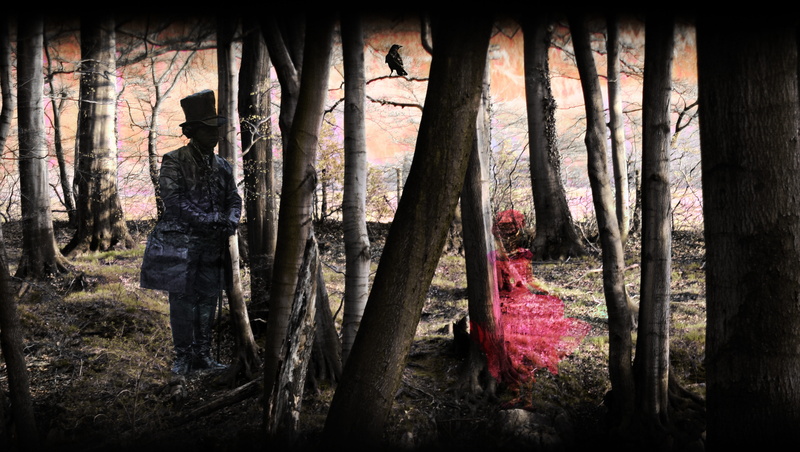 lifestyles, tree, trunk, spooky, ghost, auto post production filter, tranquility, fear, transfer print, mystical, woodland, one man only, person, forest