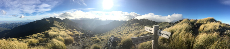 scenics - nature, tramp, sunlight, sky, tararua forest park, crossroads, sunbeam, land, travel, jumbo hut, signpost, landscape, mountain range, mountain