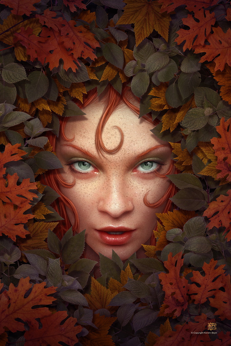 720P, illustration, leaves, redhead, Kerem Beyit, green eyes, fall, digital art
