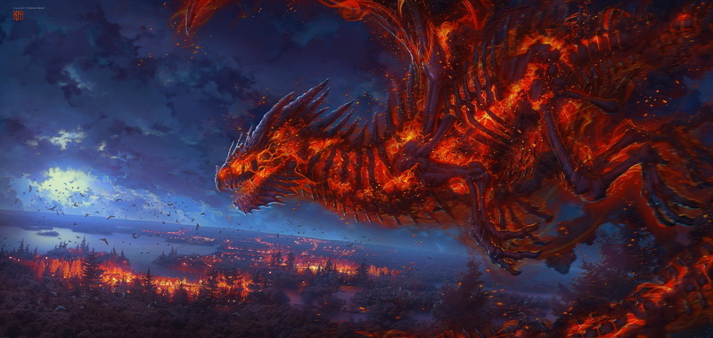 dragon, art, Kerem couplets, mothology, fire, night, myth, clouds, moon, paint, 1080P, creature, underworld, artistic, fantastic, DeviantArt, painting