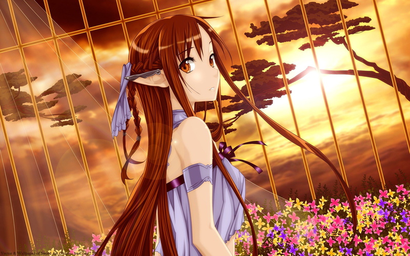 yuuki, girls, purple, ornaments, flowers, elves, prison, alfheim, cage, sword, hair, prisoner, 2K, sun, dress, asuna, brunettes, anime, online, art
