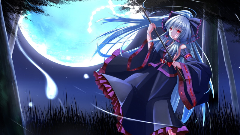 beautiful woman, nature, front view, young women, Touhou, stars, females, adult, blue hair, night, outdoors, three quarter length, one person, Hakurei Reimu
