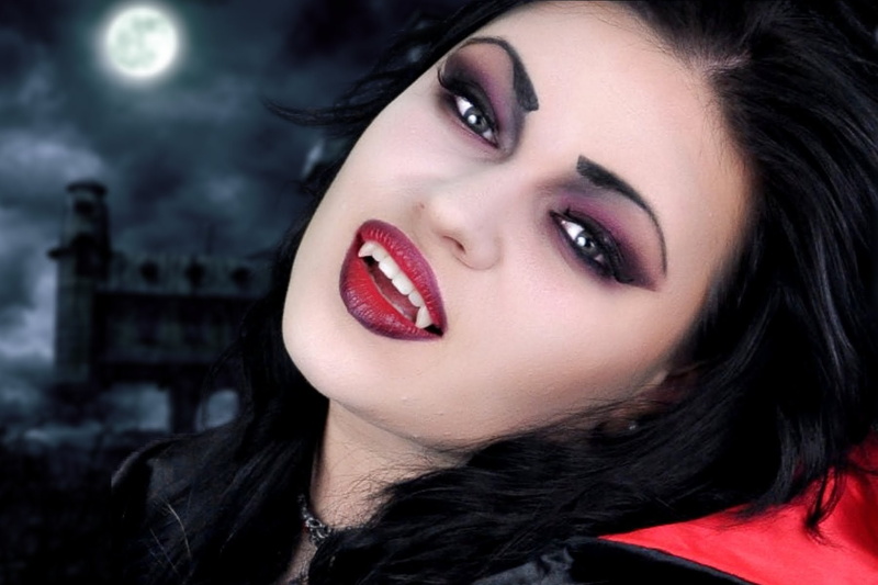 mouth open, looking at camera, human lips, women, Vampire, Moon, Night, make-up, portrait, fashion, one person, hairstyle, hair, beautiful woman, food and drink