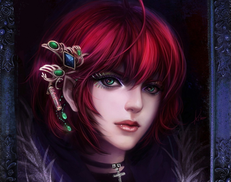 Green Eyes, Short Hair, Fantasy, Red Hair, Woman, Girl, Women, 1080P, Vampire