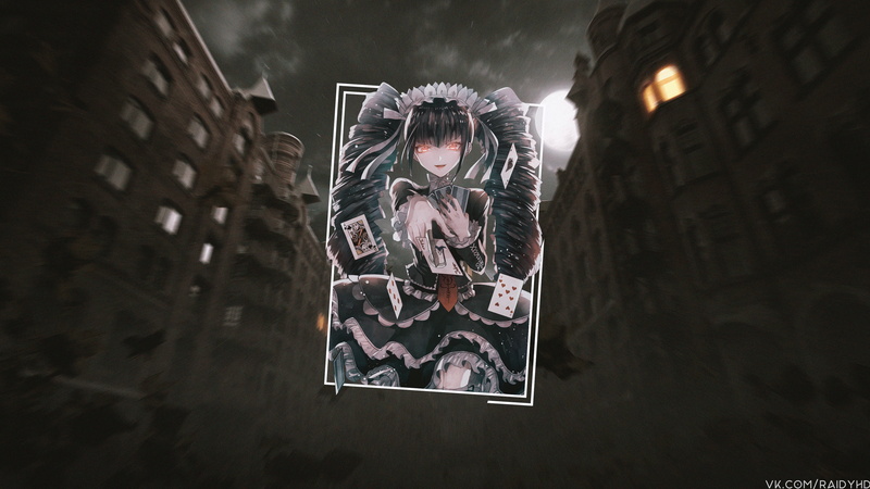4K, red eyes, picture-in-picture, anime, street, Danganronpa, night, Moon, anime girls, city