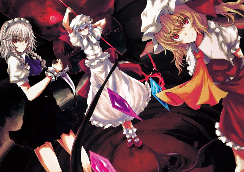 1080P, girls, knives, hair, dress, games, birds, blondes, blue, maids, scarlet, wings, costumes, sakuya, castles, socks, izayoi, ponytail, maid, eyes