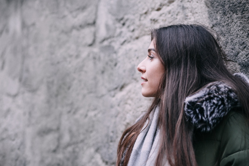 hair, females, looking, nature, looking away, woman, smiling, young Adult, people, coat, warm clothing, outdoors, brown hair, gray, concrete, green, contemplation
