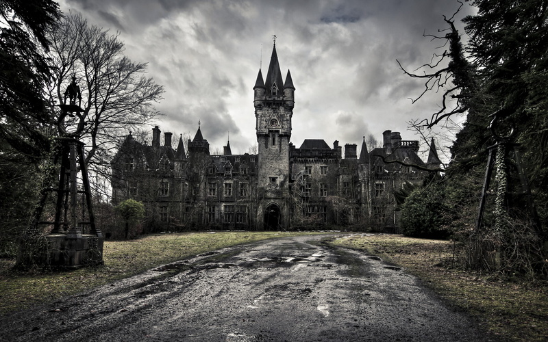 architecture, tree, sky, 2K, nature, no people, building, city, day, old, dark, bare tree, abbey, fantasy art, plant, building exterior, the past, spire