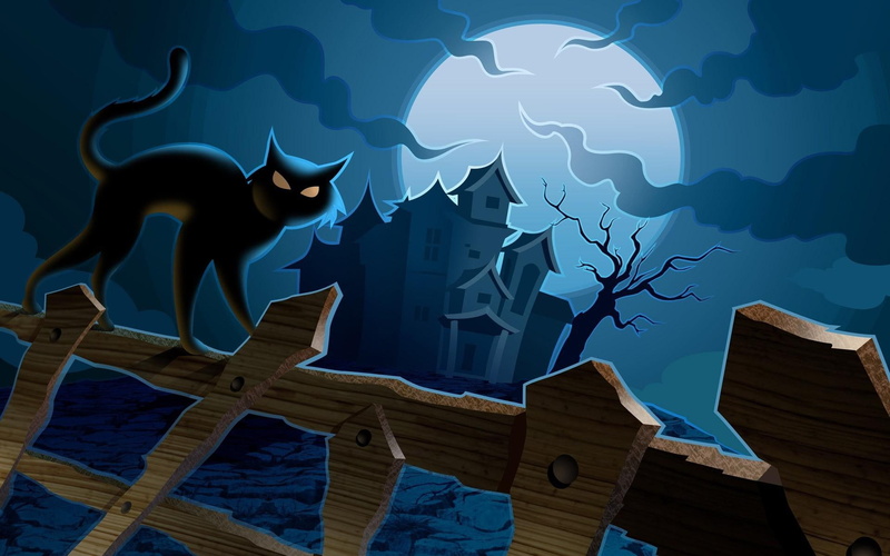 castle, moon, 1080P, black, halloween, cat, fence, holidays, 1920x1200, haunted, night, near, illustration