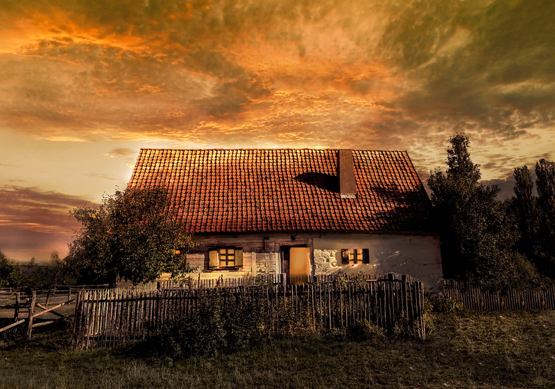 abendstimmung, outdoors, sky, clouds, old farmhouse, barn, rural, composing, beauty in nature, photo montage, dramatic sky, roofing, no people, 5K, tree
