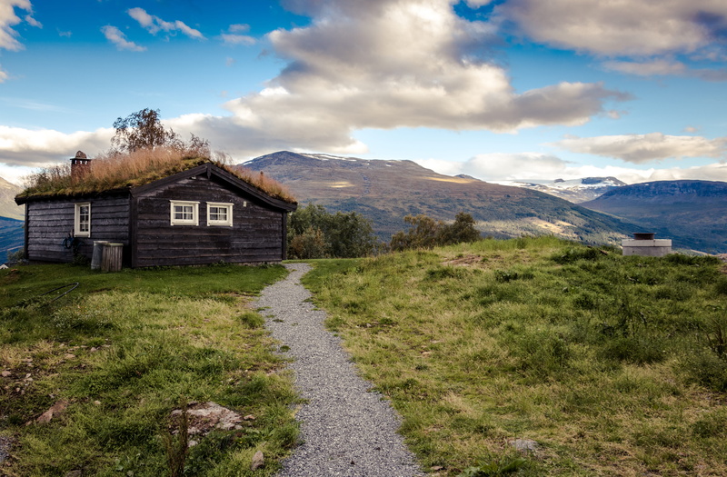 bungalow, summer, building exterior, day, residential district, norway, home, mountain, scenics - nature, plant, outdoors, built structure, view, hut, sky