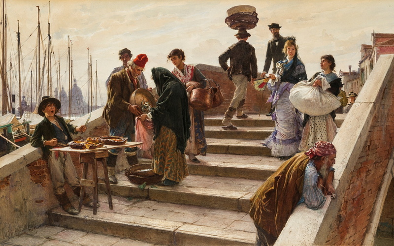 Bridge in Venice, 2K, Watercolor on paper, A bridge in Venice, Austrian genre painter, Ludwig Johann Passini, Ludwig Passini, 1876
